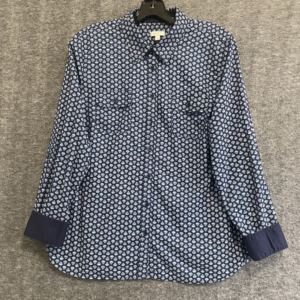 Talbots Top Women LP Large Petite Blue Roll Tab Contrast Flip Cuff Button‎ Shirt